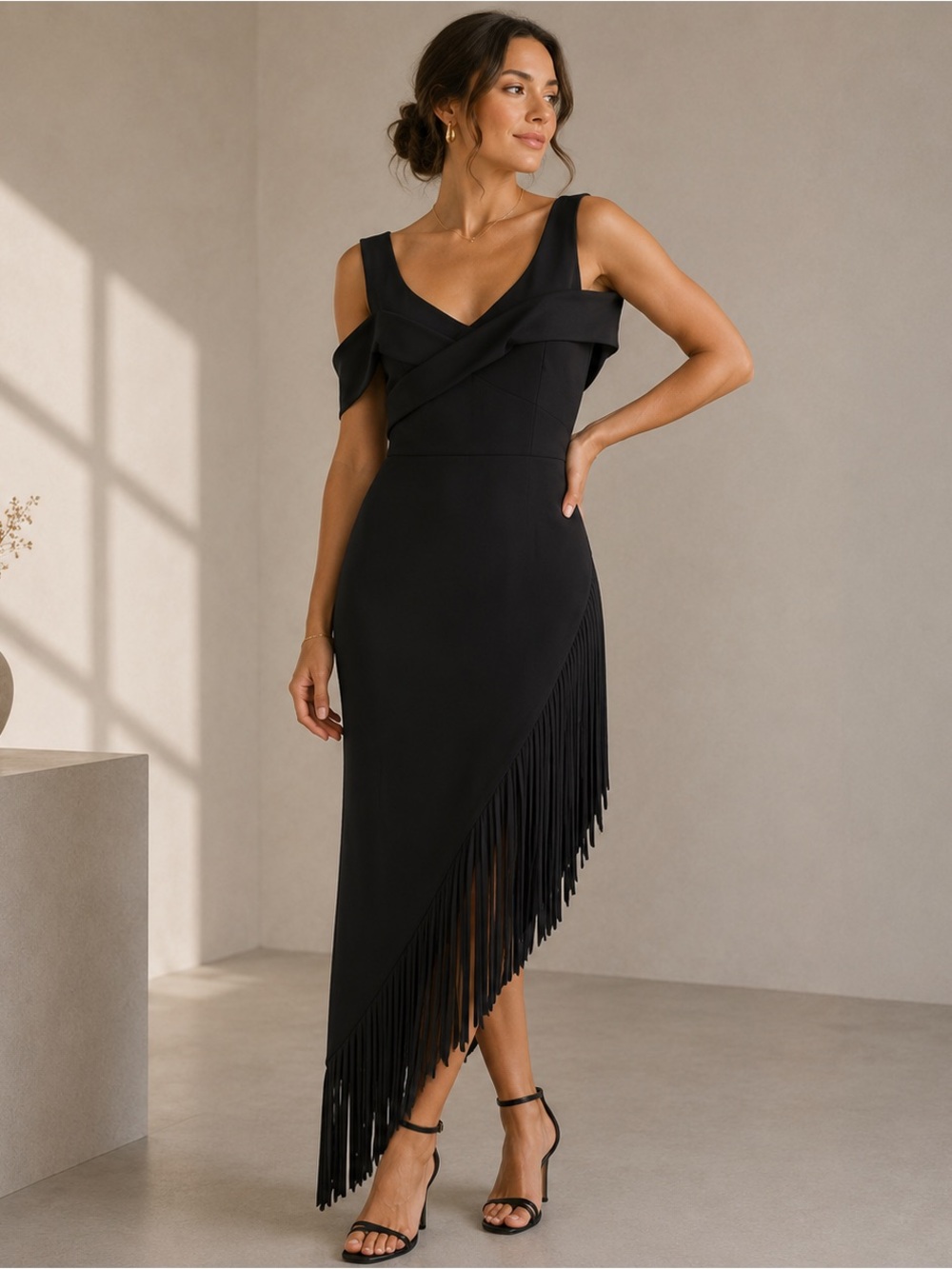 Chiara Boni Black Asymmetrical Fringe Dress